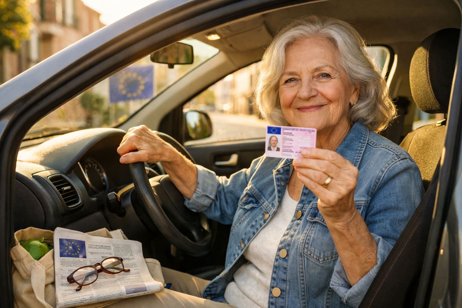 Mulher idosa sorridente sentada no carro a mostrar a carta de condução europeia.