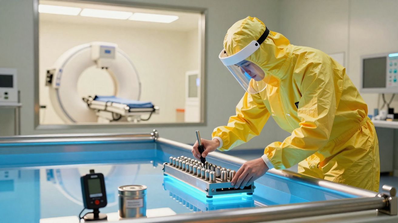 Pessoa em roupa de proteção amarela a manusear equipamento numa sala de laboratório com máquina de ressonância magnética ao f