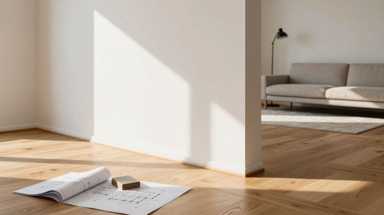 Planta arquitetónica em papel no chão de madeira, com sofá e candeeiro numa sala iluminada pelo sol.