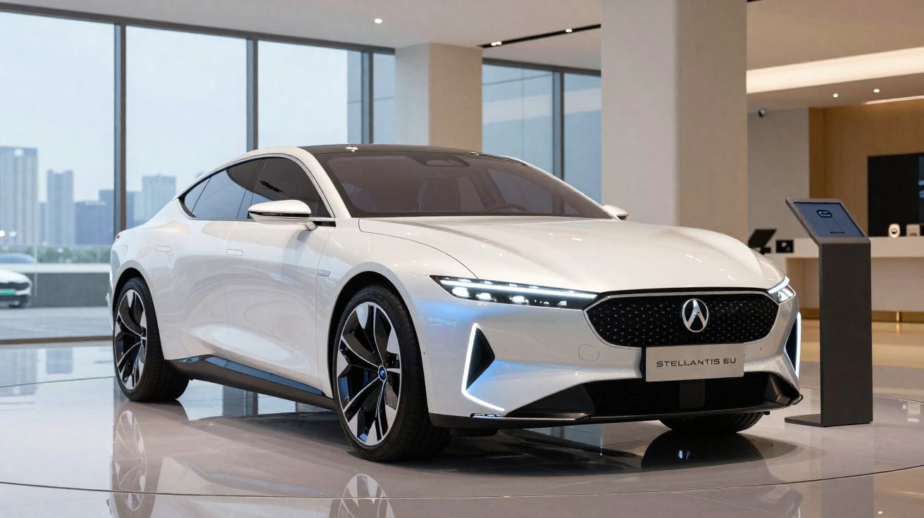 Carro elétrico branco futurista em exposição num showroom moderno com grandes janelas panorâmicas.