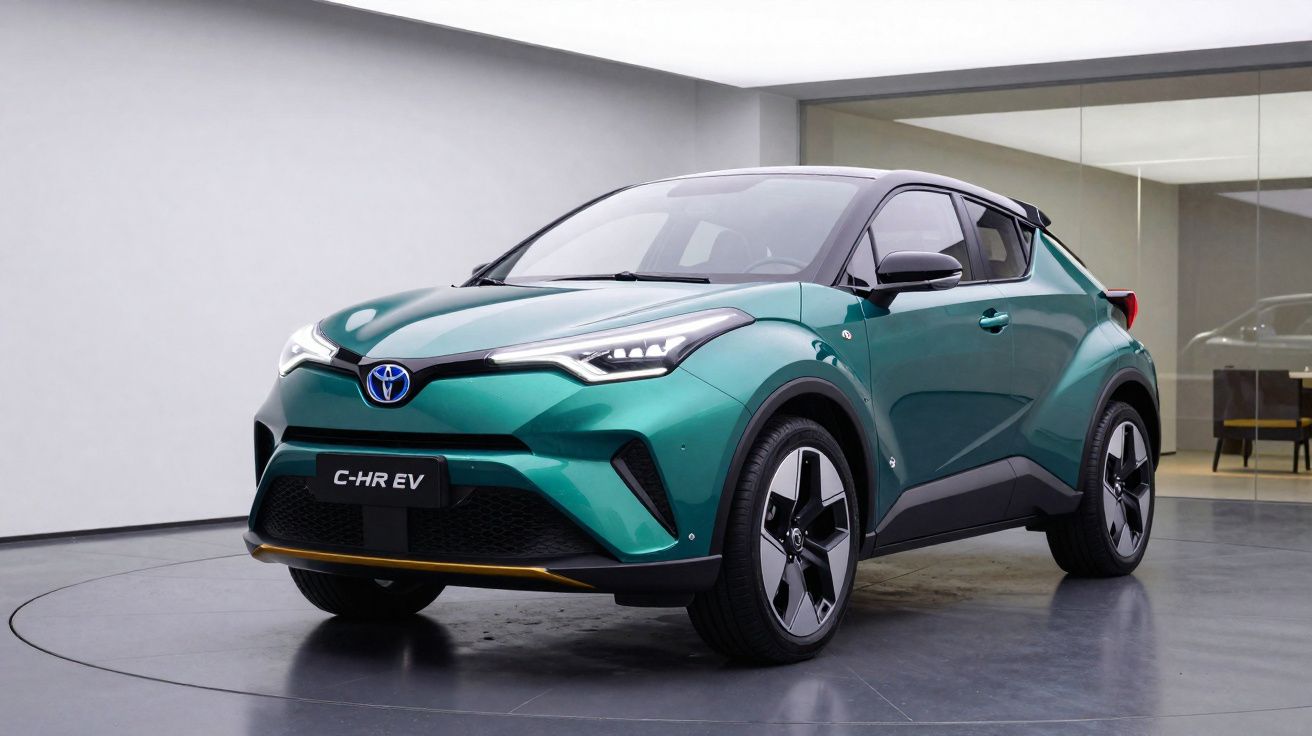 Carro elétrico Toyota C-HR EV verde escuro estacionado em espaço interior moderno e minimalista.