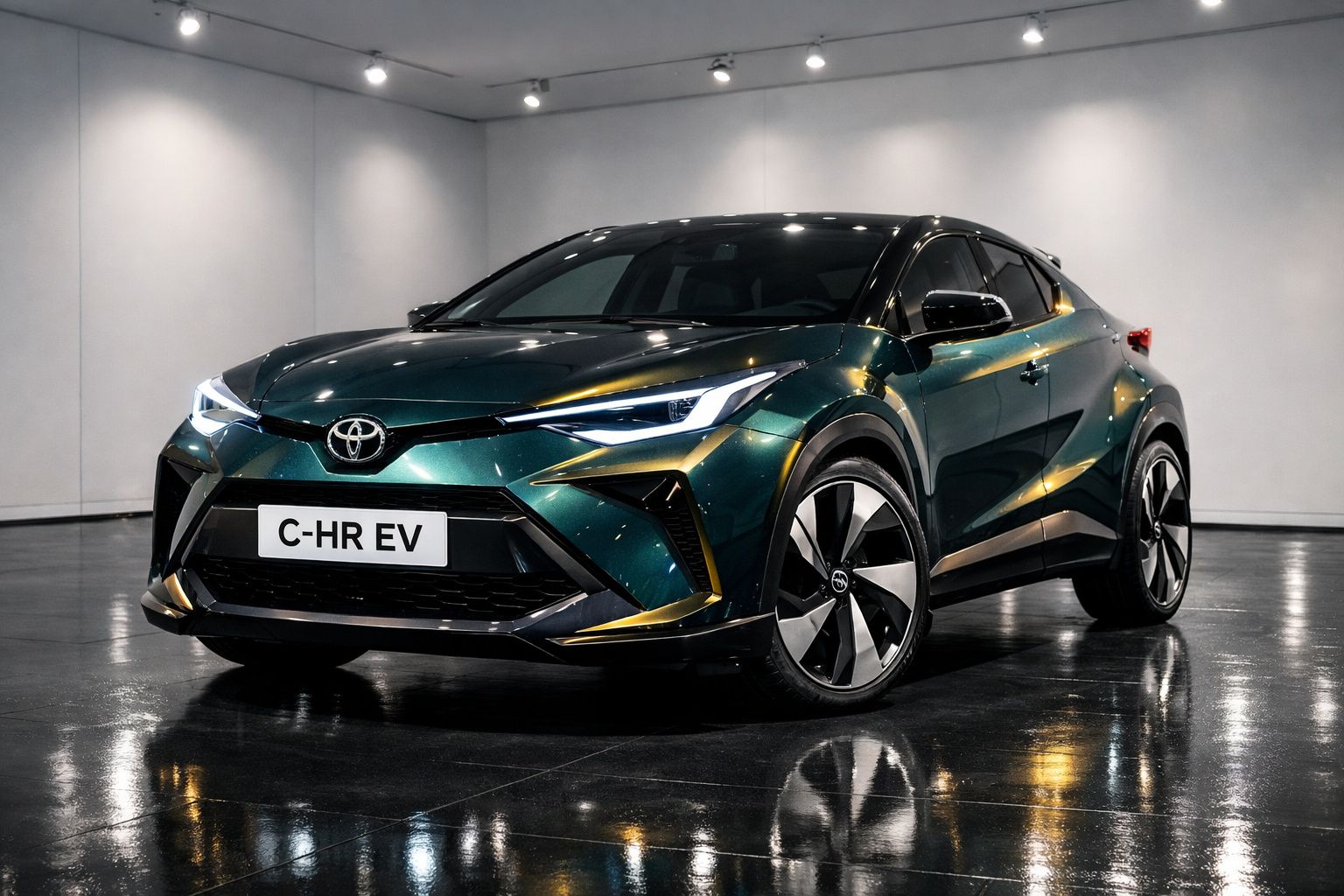 Carro elétrico Toyota C-HR EV verde escuro em exposição num salão com chão refletivo.