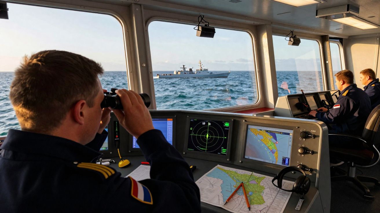 Marinheiros na ponte de comando a vigiar um navio militar ao largo no mar calmo ao amanhecer.