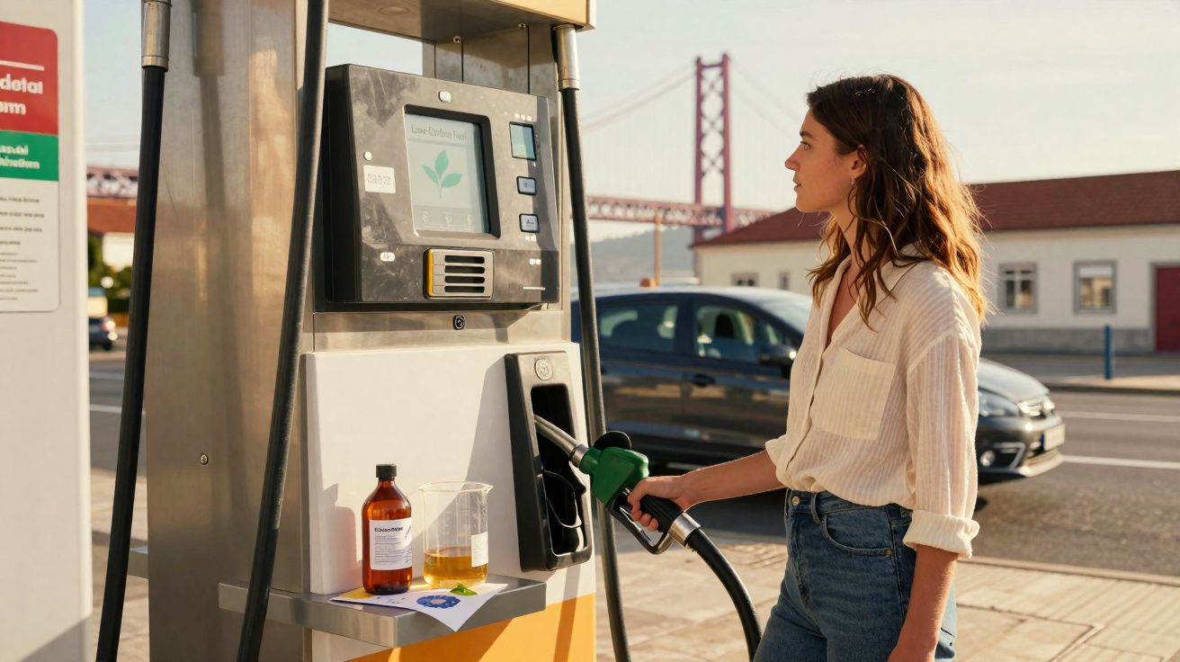 Mulher a abastecer carro numa bomba de combustível ao ar livre com ponte ao fundo.
