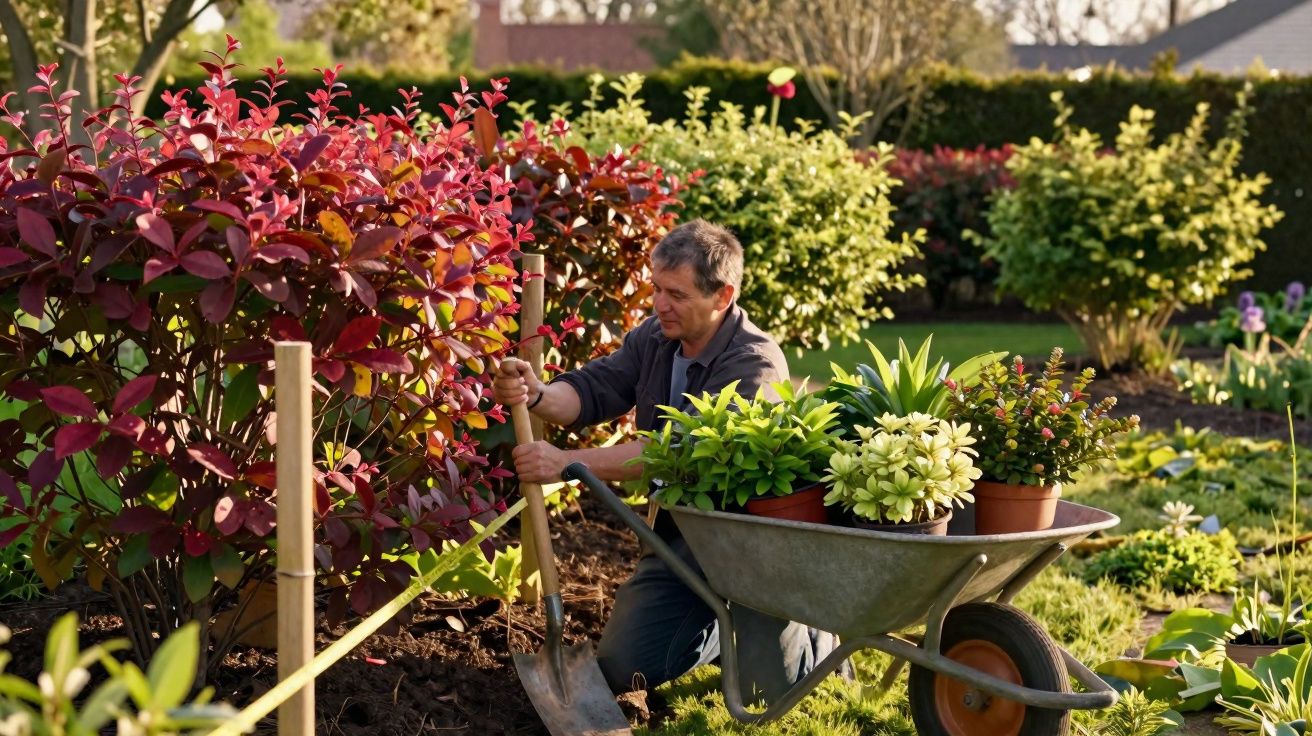 Homem a jardinar com enxada ao lado de carrinho cheio de plantas em jardim ensolarado.