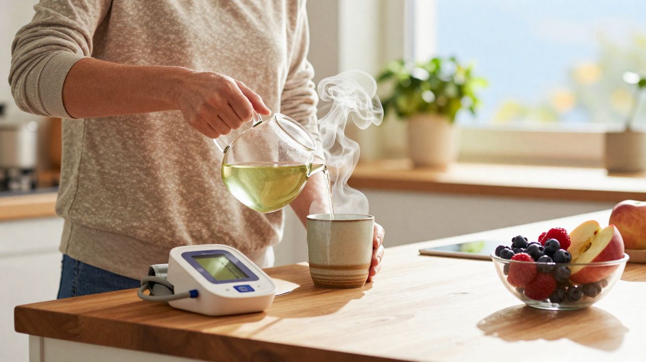 Pessoa a servir chá quente numa caneca numa cozinha com um medidor de tensão arterial e uma taça de frutos frescos na mesa.