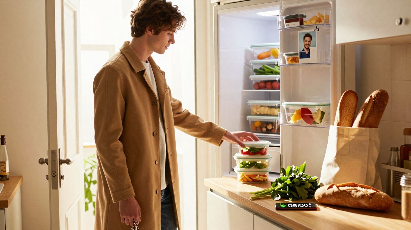 Homem com casaco castanho a guardar recipientes com comida na bancada junto ao frigorífico aberto numa cozinha.