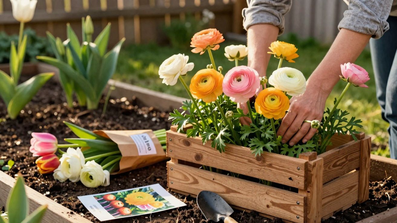 Pessoa a plantar flores coloridas numa caixa de madeira num jardim com terra e ferramentas.