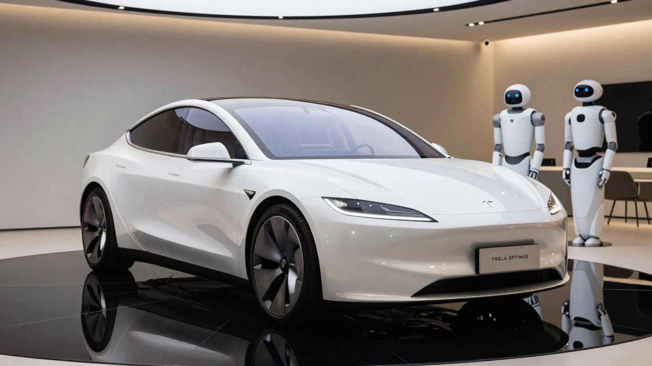 Carro elétrico Tesla branco em exposição com dois robôs humanoides ao fundo.