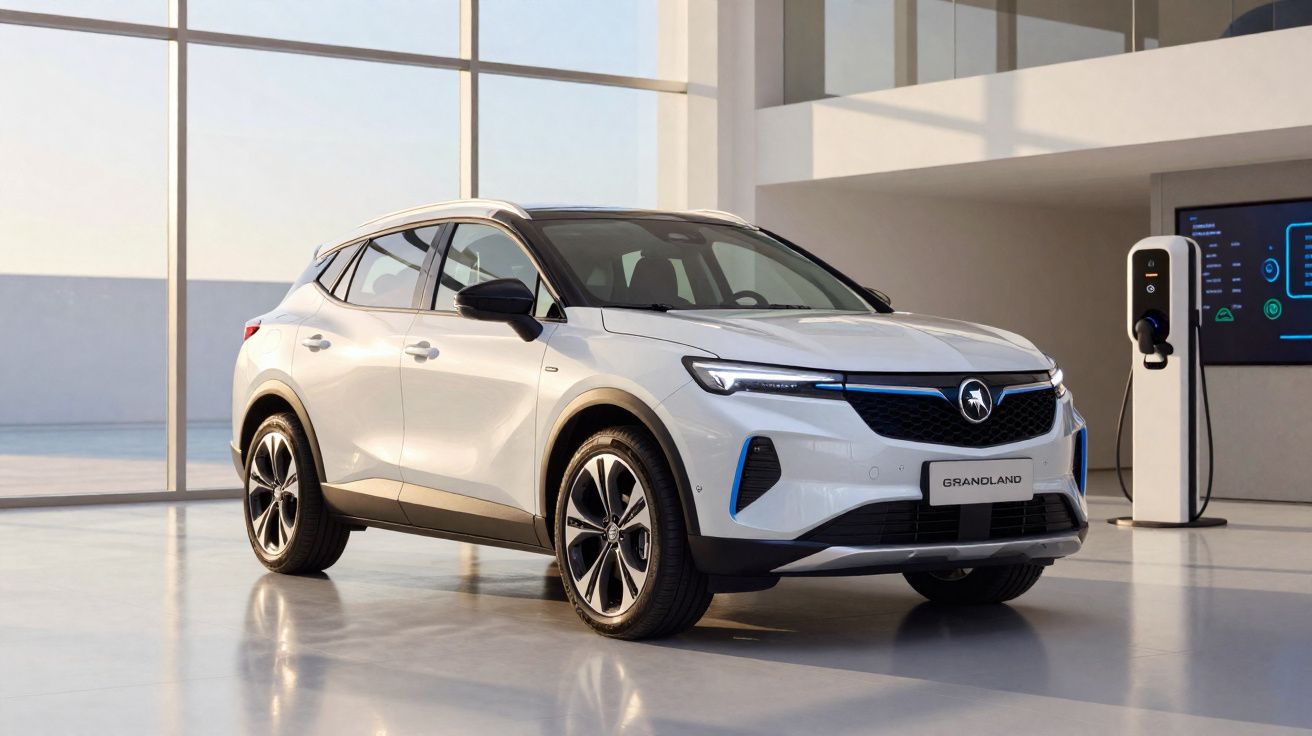 SUV elétrico Opel Grandland branco estacionado numa garagem moderna com carregador elétrico.