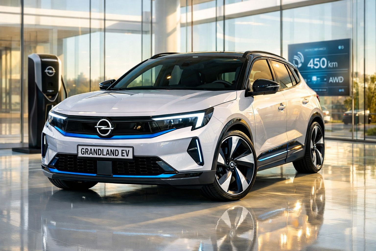 Carro elétrico Opel Grandland EV branco em exposição com carregador e painel informativo ao fundo.