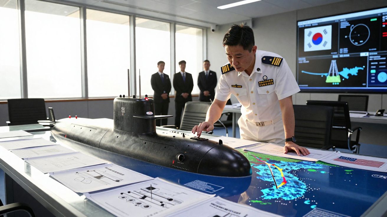 Homem em uniforme naval analisa maquete de submarino sobre mesa com mapas e documentos técnicos.