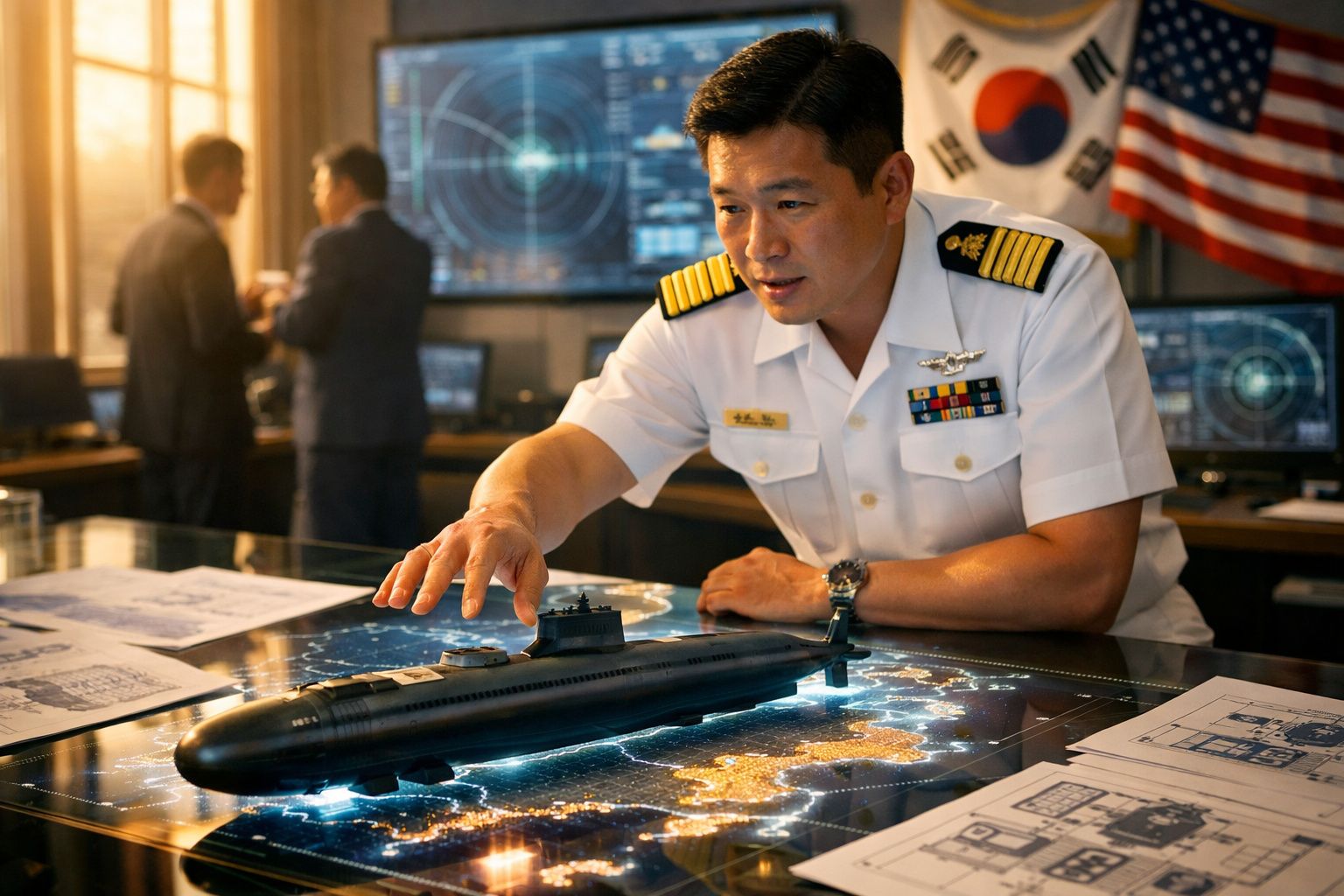 Oficial naval asiático em uniforme branco examina modelo de submarino sobre mesa digital, com mapas e dois homens ao fundo.