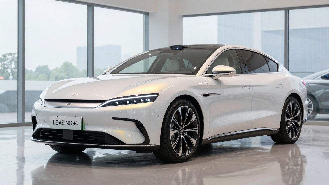 Carro elétrico branco moderno estacionado dentro de showroom com janelas amplas ao fundo.