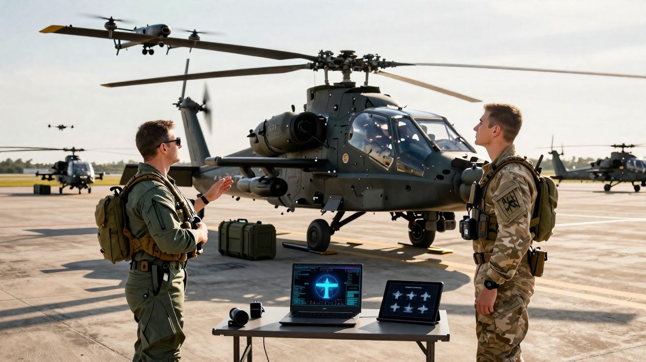 Dois militares em uniforme discutem frente a um helicóptero de combate num aeródromo ao ar livre.