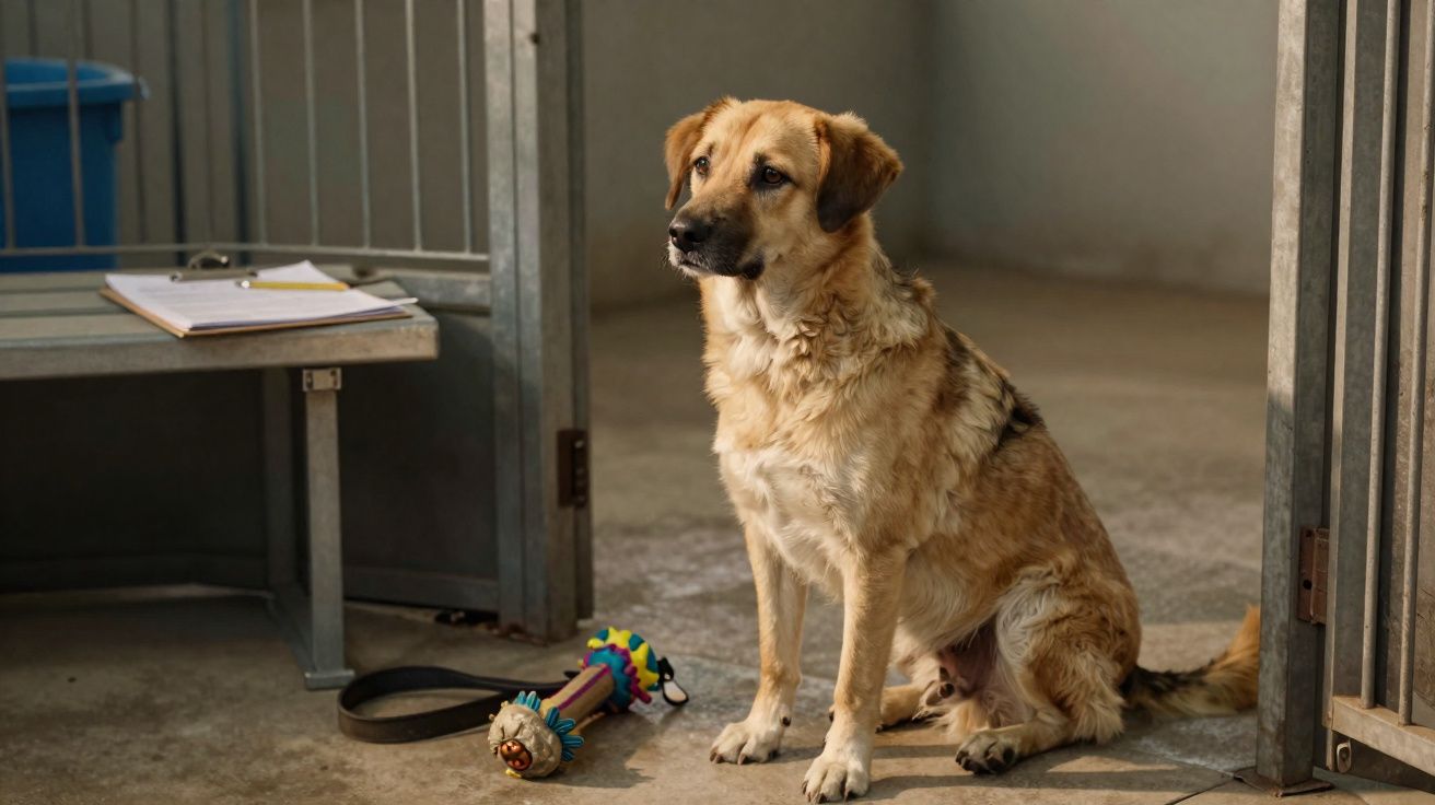 Cão castanho claro sentado no chão de uma jaula com brinquedos e coleira perto dele.