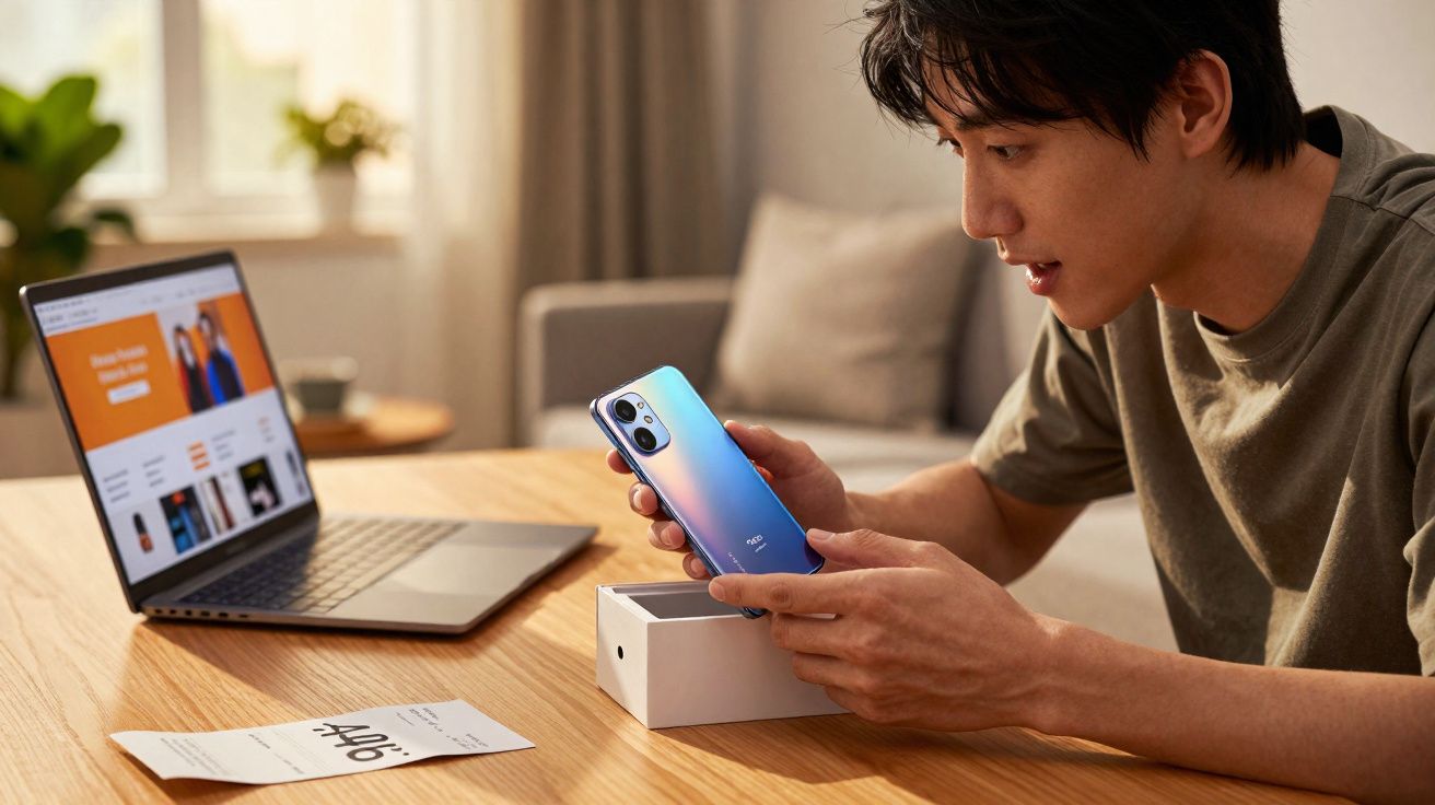 Homem a desembrulhar e examinar um smartphone azul perto de um portátil numa mesa de madeira.