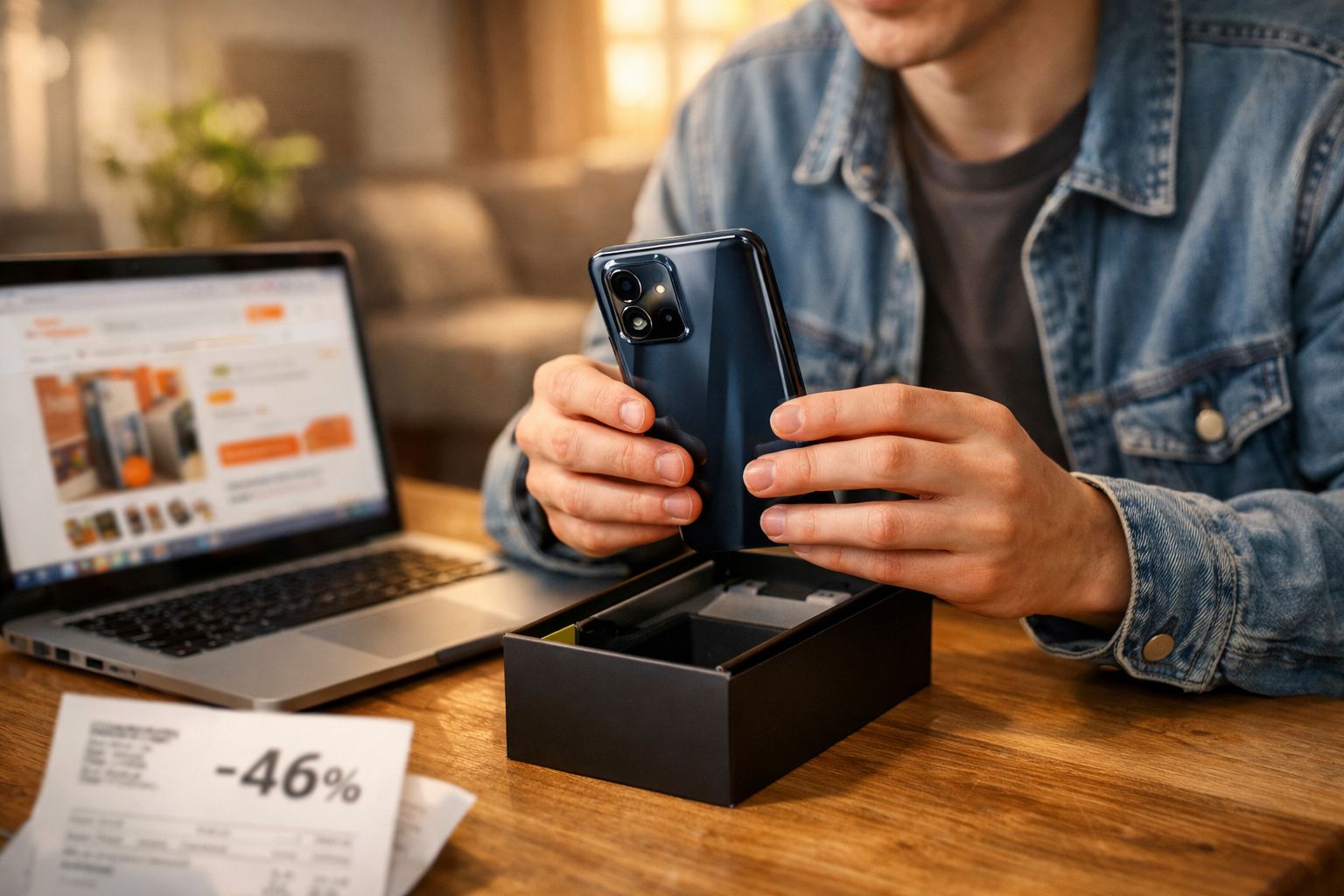 Pessoa segurando smartphone recém-retirado da caixa, com laptop e etiqueta de desconto na mesa.