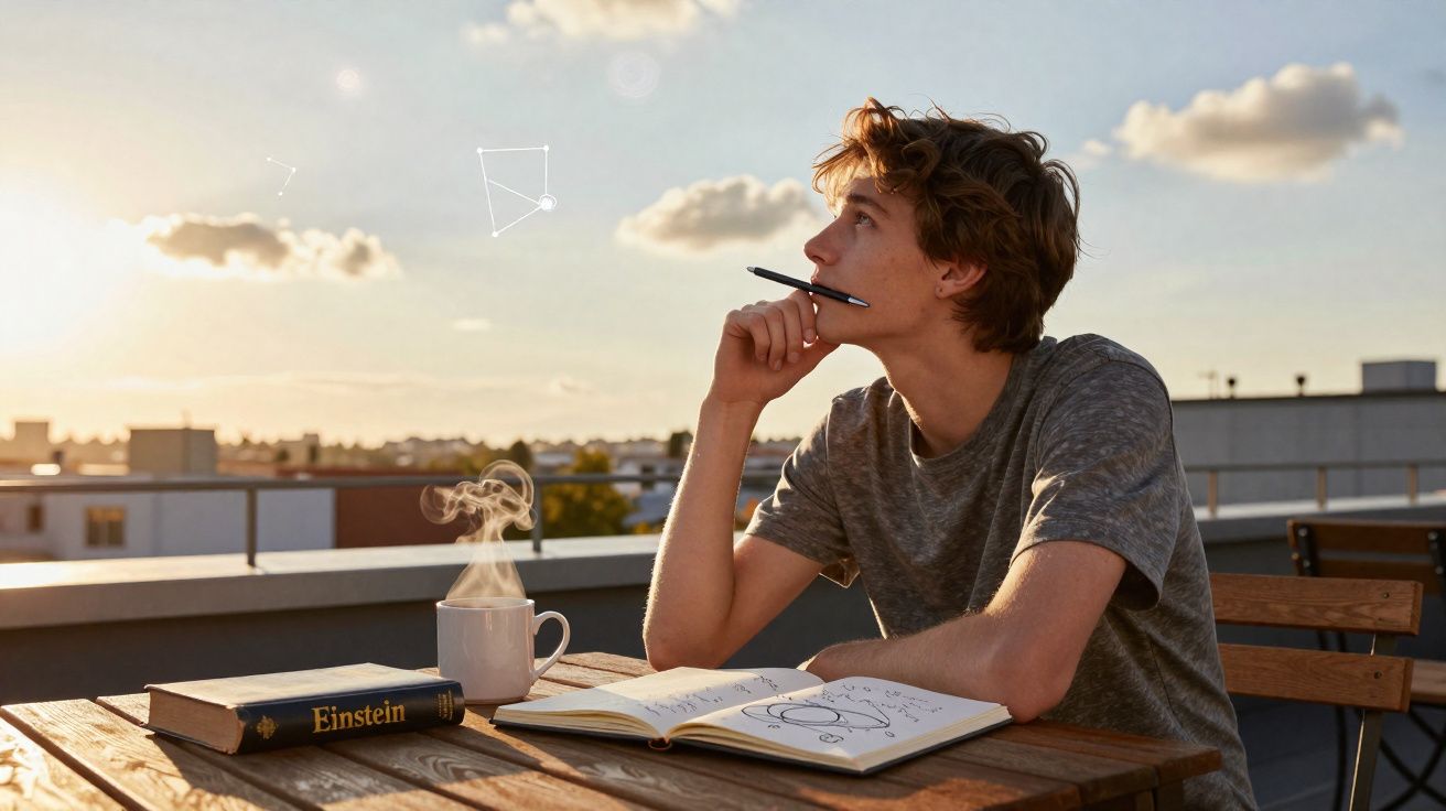 Jovem a pensar e olhar para o céu enquanto estuda astronomia numa esplanada ao pôr do sol.