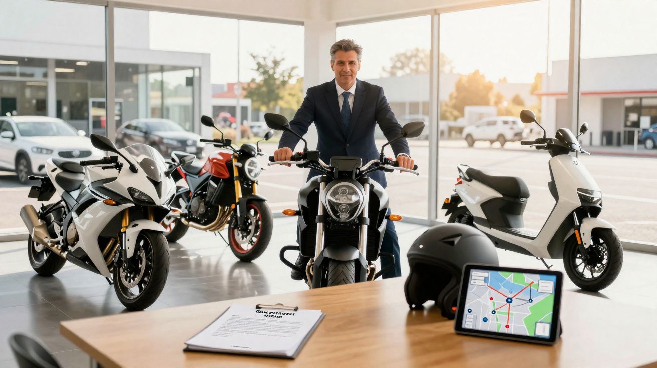 Homem de fato sentado numa mota preta numa loja com várias motos e tabuleiro com capacete e tablet.