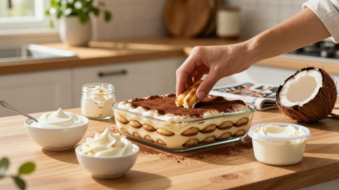 Pessoa polvilha cacau em sobremesa tiramisu num tabuleiro de vidro ladeado por taças de natas e coco partido.