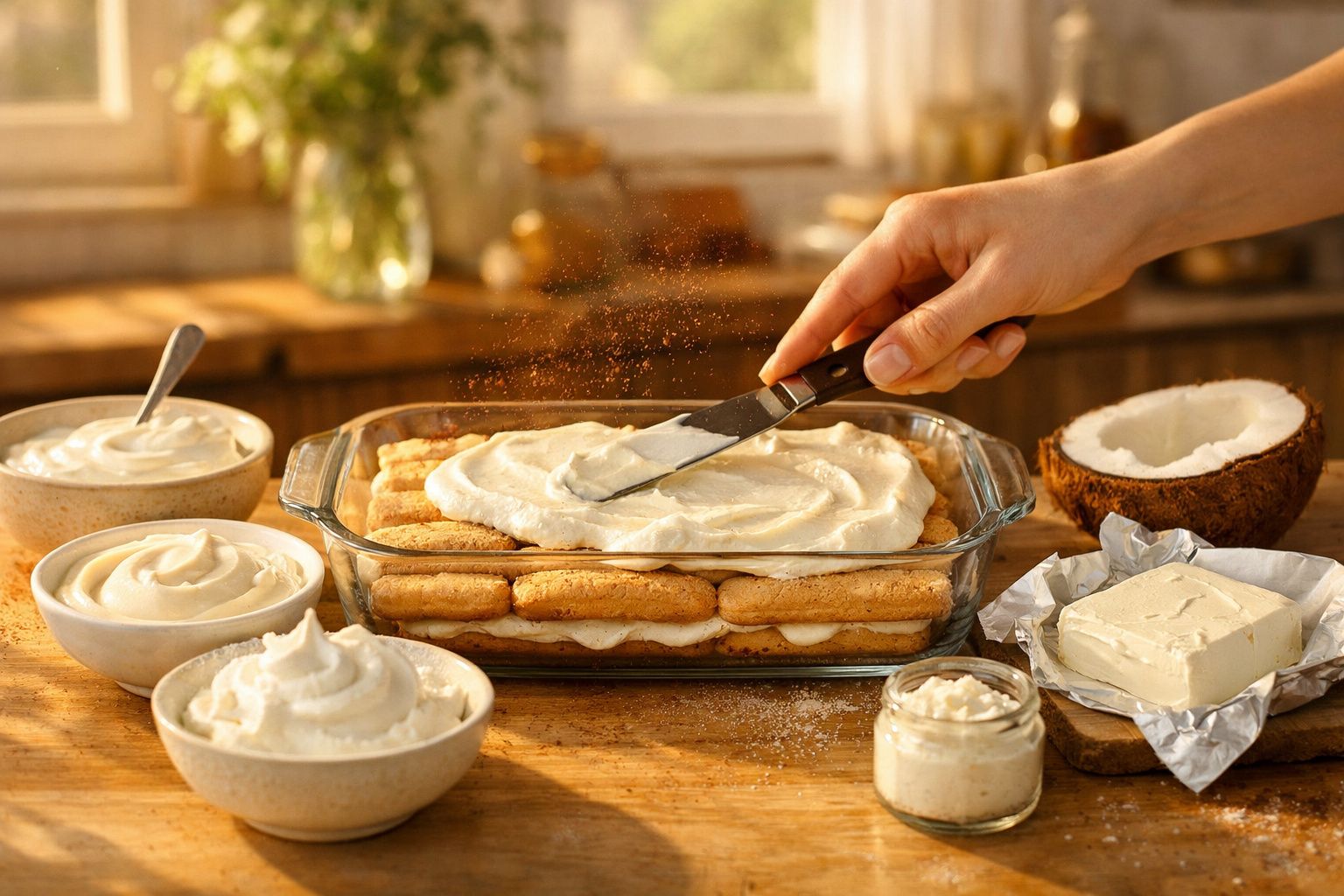 Mão espalhando creme sobre tiras de biscoito numa travessa, rodeada por tigelas com diferentes cremes e um coco aberto.