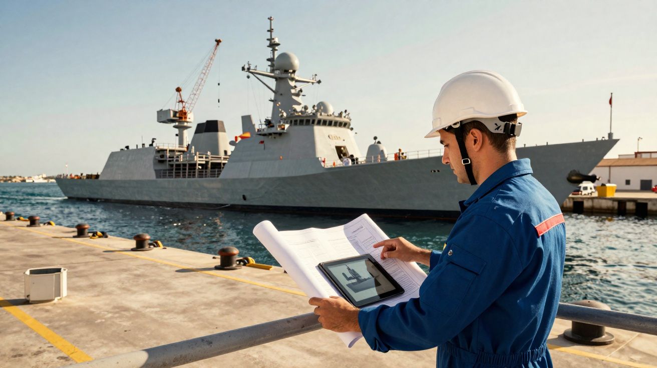 Homem de capacete branco e fato azul analisa plantas e tablet no cais junto a um navio militar atracado.
