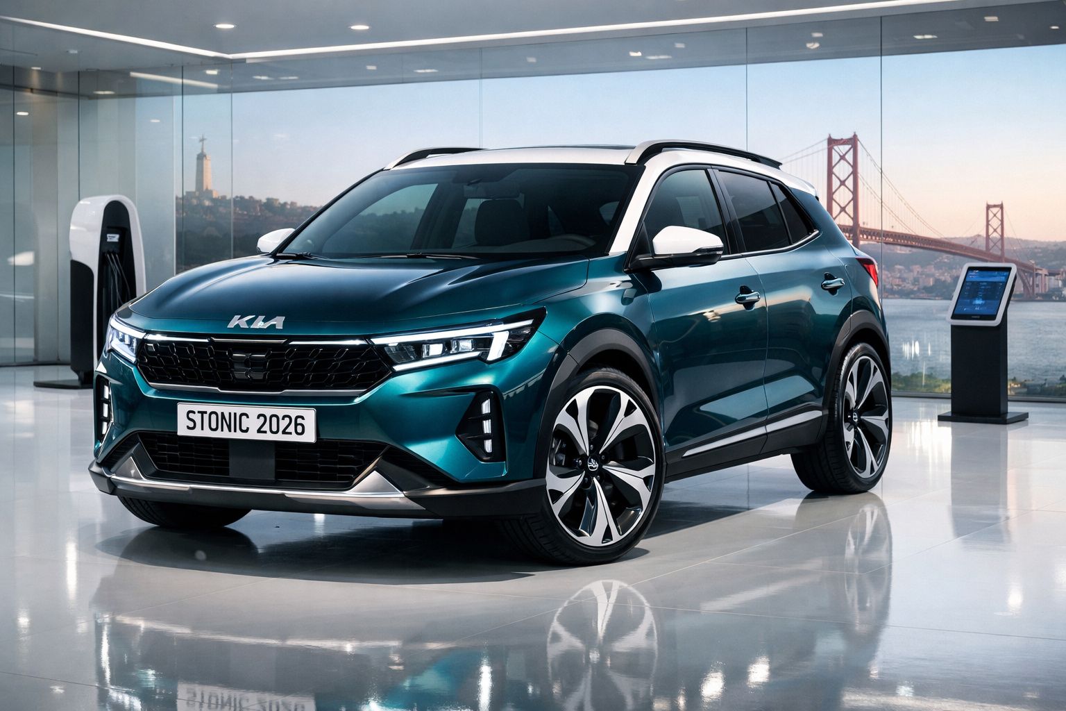 Automóvel SUV Kia Stonic 2026 verde metálico numa sala moderna com vista para ponte e cidade ao fundo.