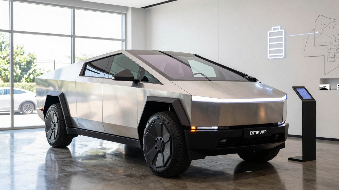 Carro elétrico futurista de cor prateada com design angular exposto em espaço interior moderno.