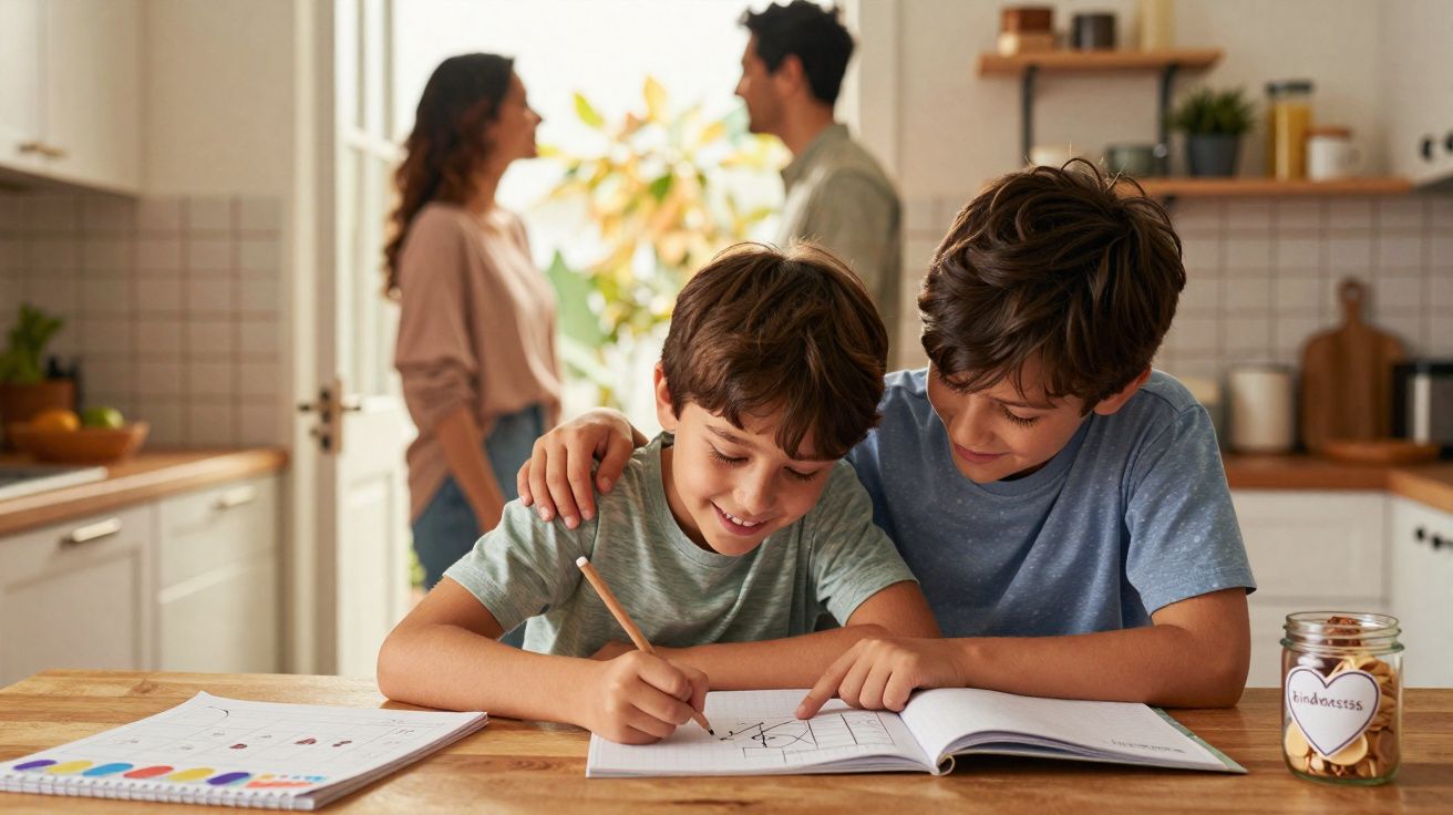 Dois irmãos a estudar juntos na cozinha, enquanto um casal conversa ao fundo perto da janela.