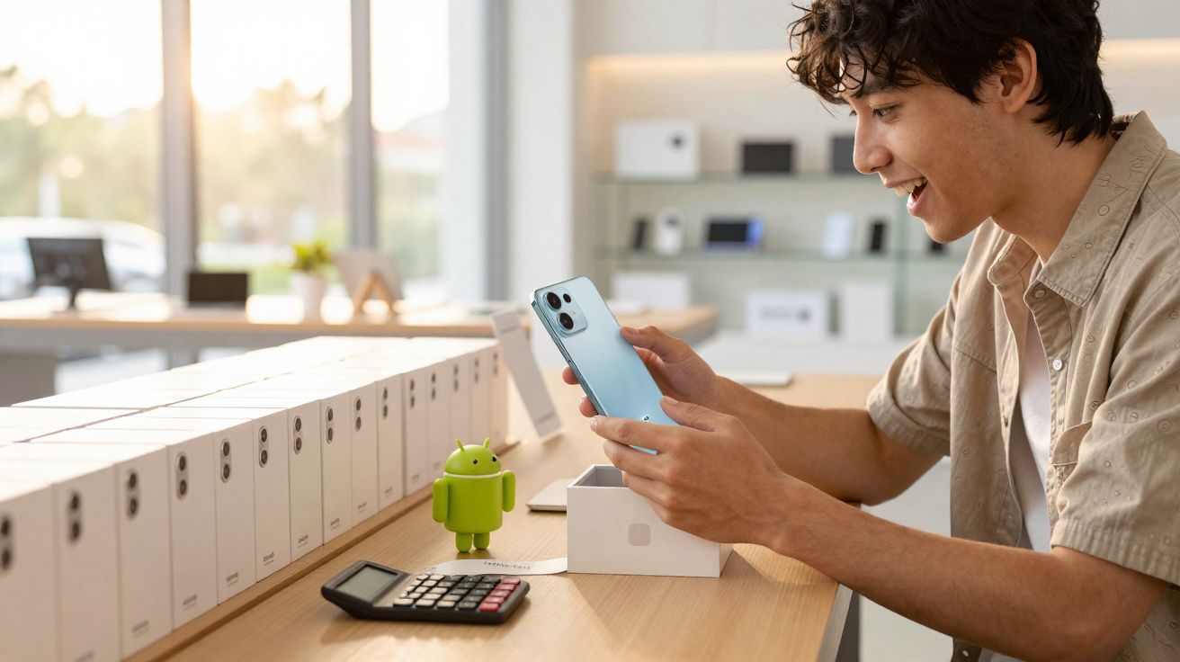 Jovem sorridente a experimentar um smartphone azul numa loja, com caixas e figura do Android na bancada.