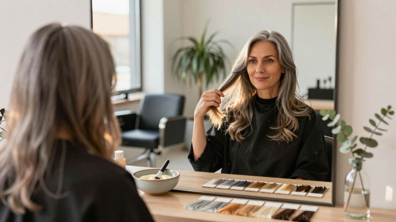 Mulher de cabelos grisalhos sentada em frente a espelho num salão de cabeleireiro, tocando o cabelo.