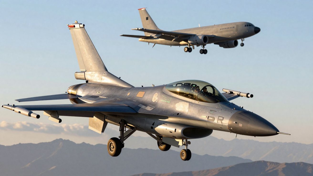 Caça F-16 em voo com avião comercial a jato ao fundo sobre montanhas ao pôr do sol.