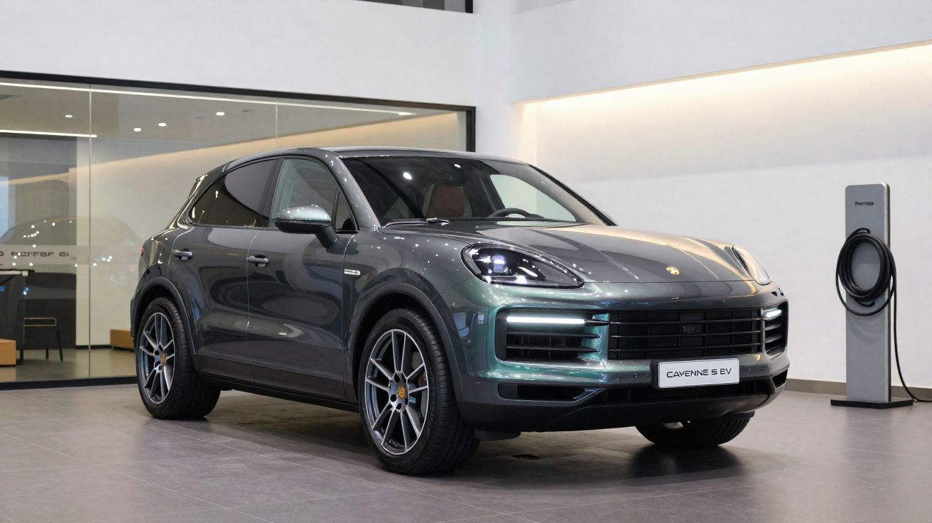 Carro elétrico SUV Porsche Cayenne S EV cinza estacionado numa sala de exposição moderna.