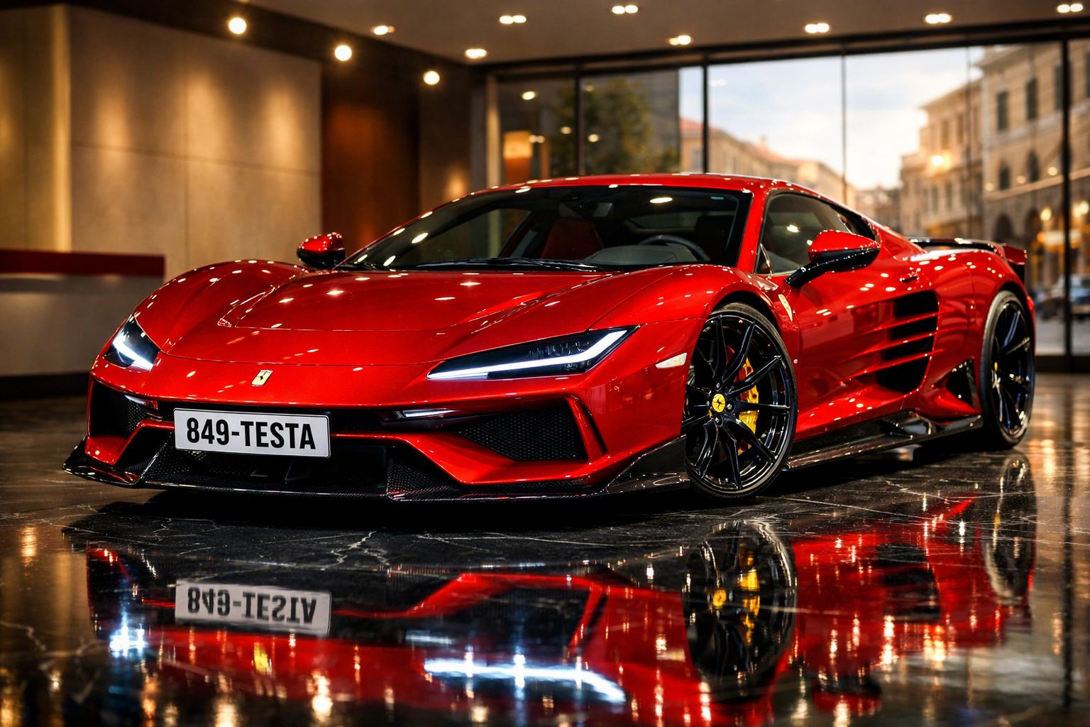 Carro desportivo vermelho brilhante estacionado em piso refletivo dentro de garagem moderna.