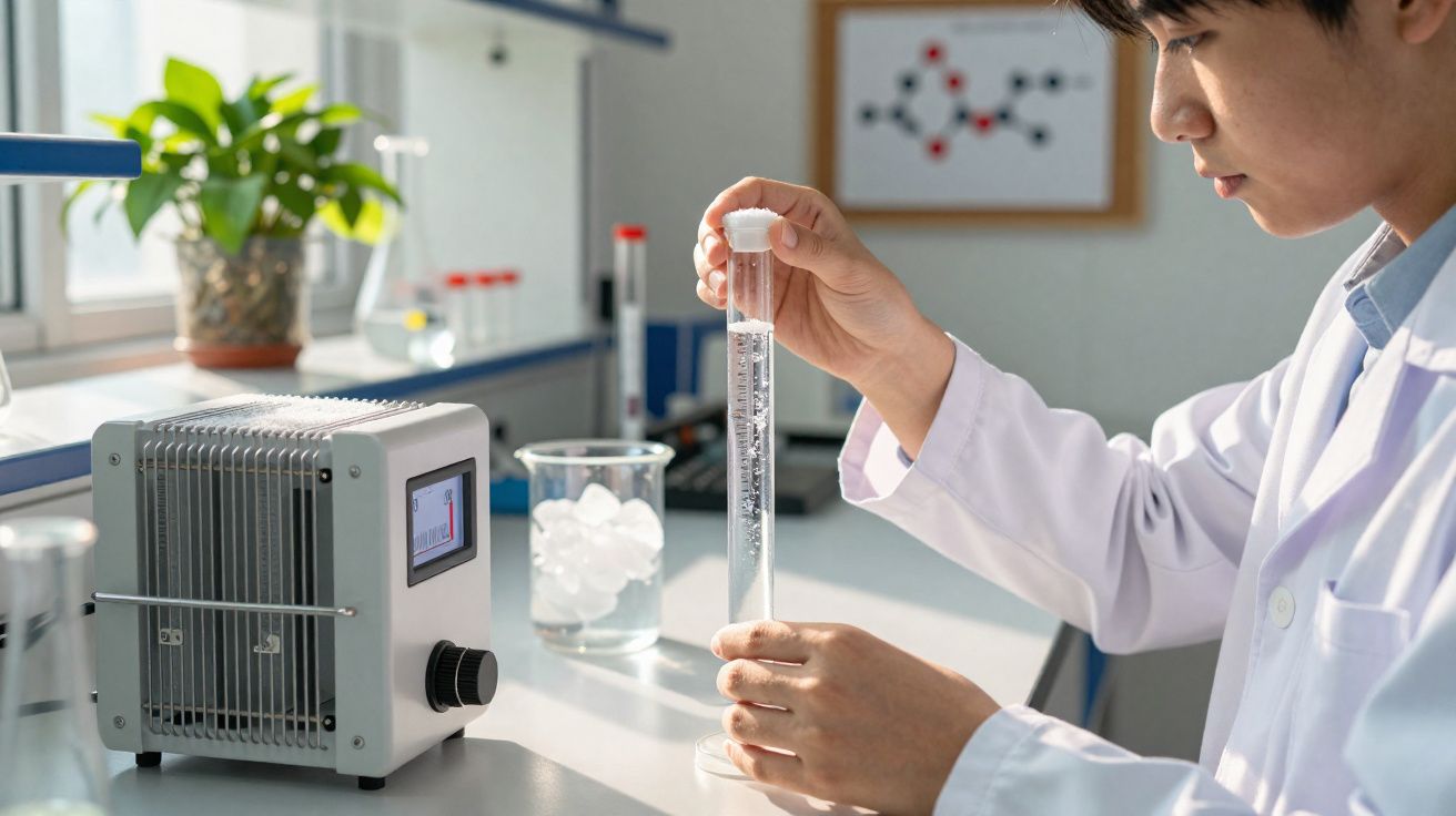 Cientista a segurar tubo de ensaio numa bancada de laboratório com equipamento e gelo visíveis.