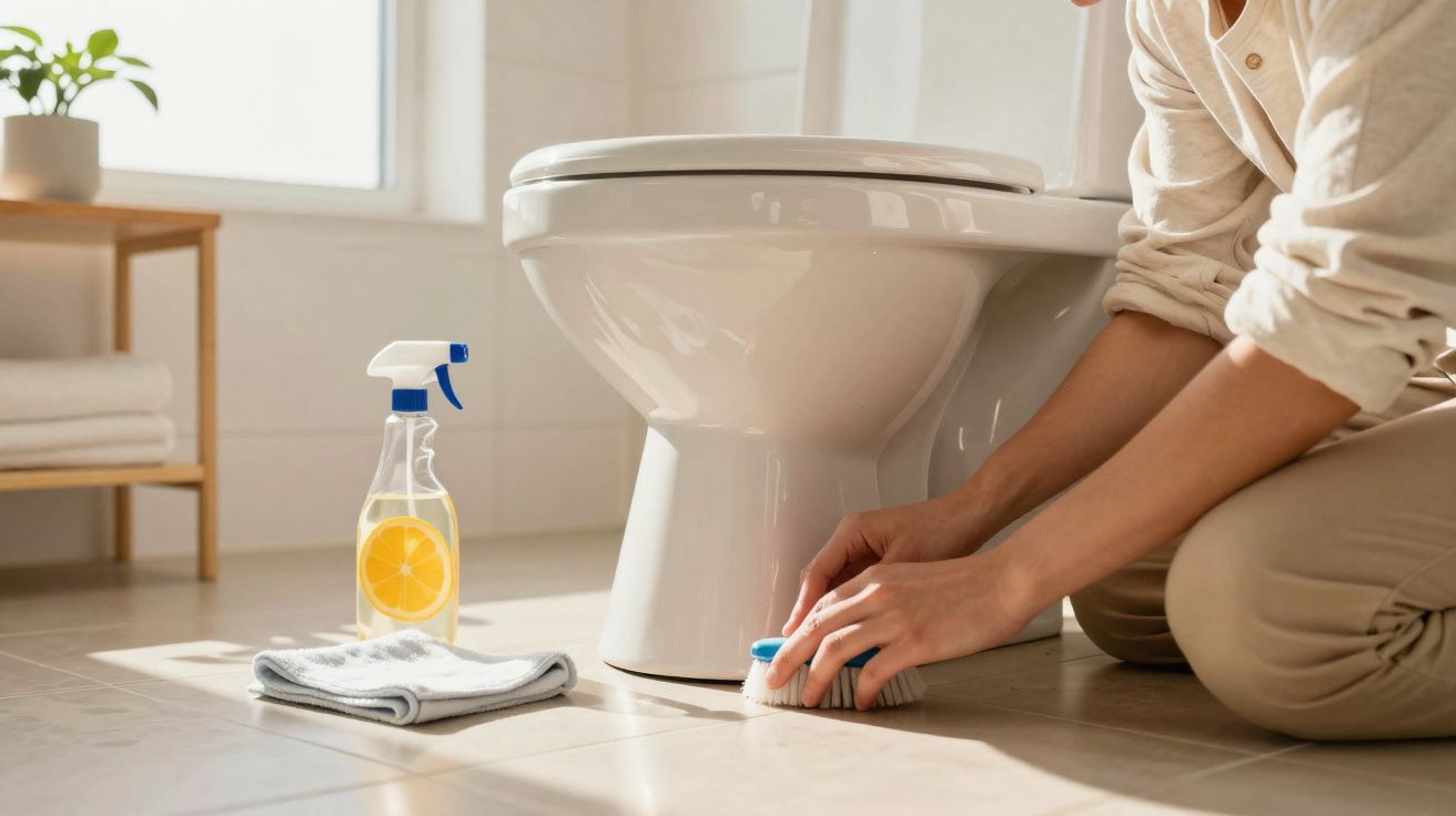 Pessoa a limpar a base da sanita com escova, próximo de frasco de spray e pano no chão da casa de banho.