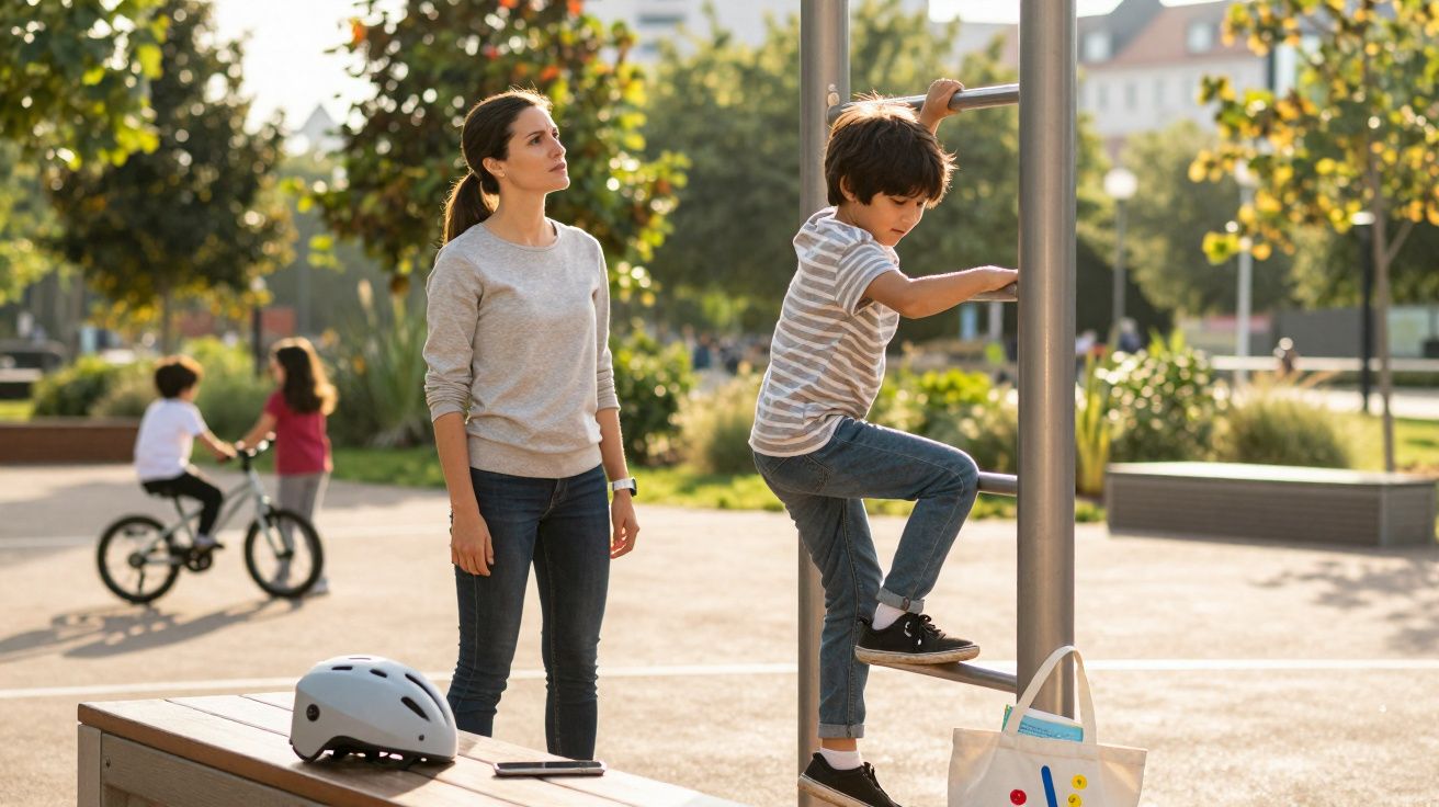 Menina a escalar estrutura metálica num parque, enquanto mulher observa, e crianças andam de bicicleta ao fundo.