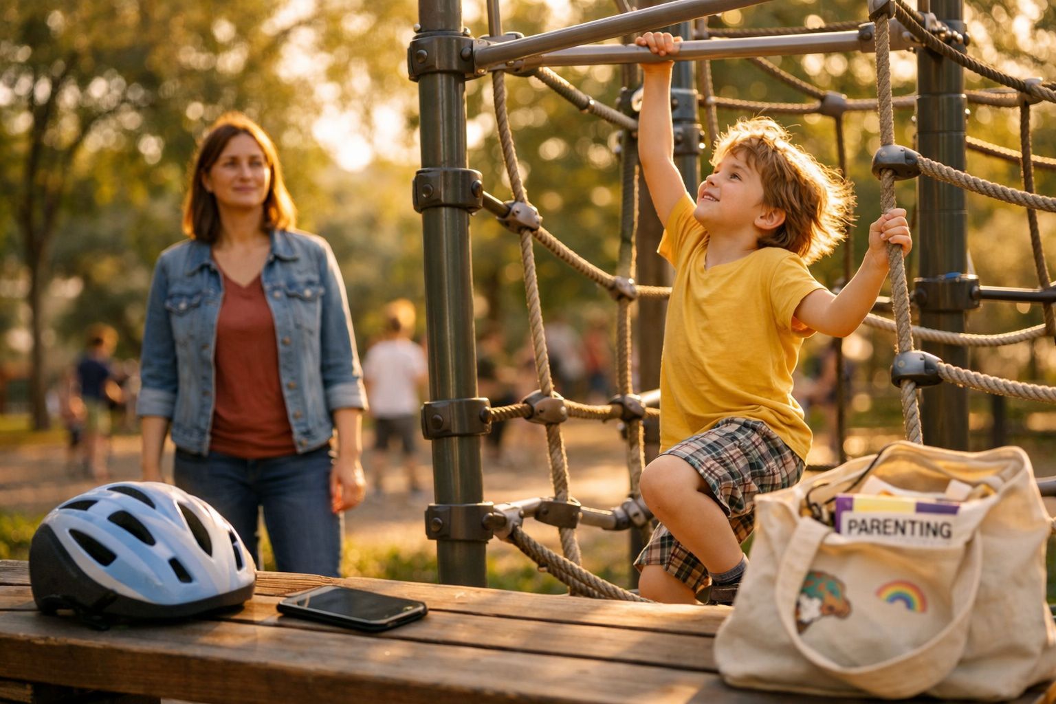 Menino a escalar estrutura de cordas no parque enquanto mulher observa ao fundo ao pôr do sol.
