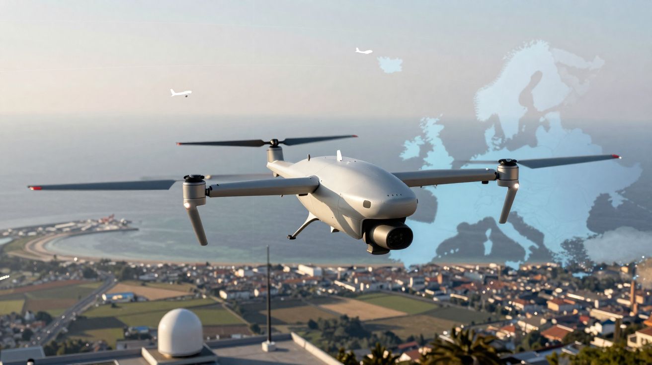 Drone branco a voar sobre área suburbana com mapa da Europa sobreposto no céu.