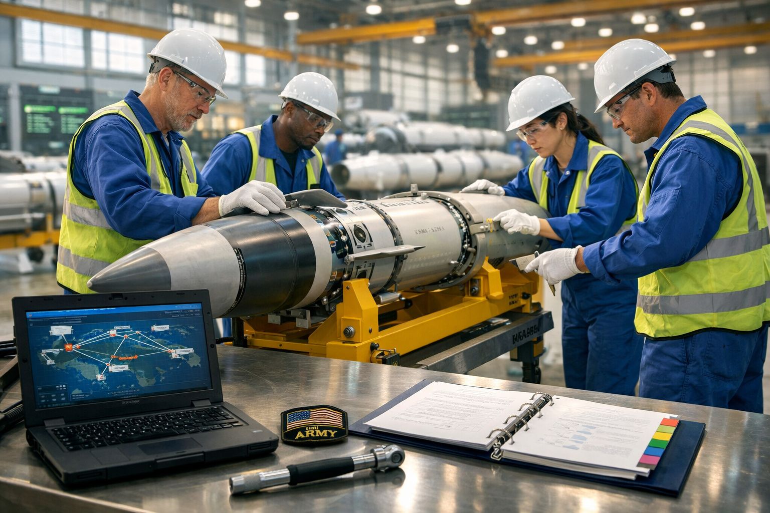 Quatro engenheiros em uniforme e capacete a montar um míssil numa oficina industrial moderna.