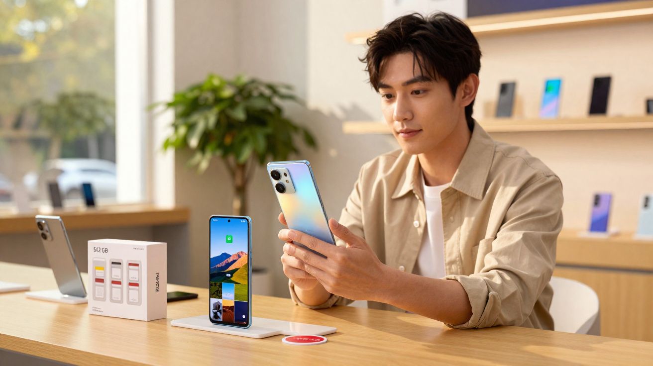 Homem sentado numa loja, segurando um smartphone moderno com vários dispositivos na mesa à sua frente.