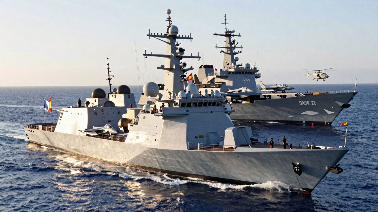 Duas fragatas militares a navegar em mar aberto sob céu limpo, com um helicóptero a sobrevoar ao fundo.