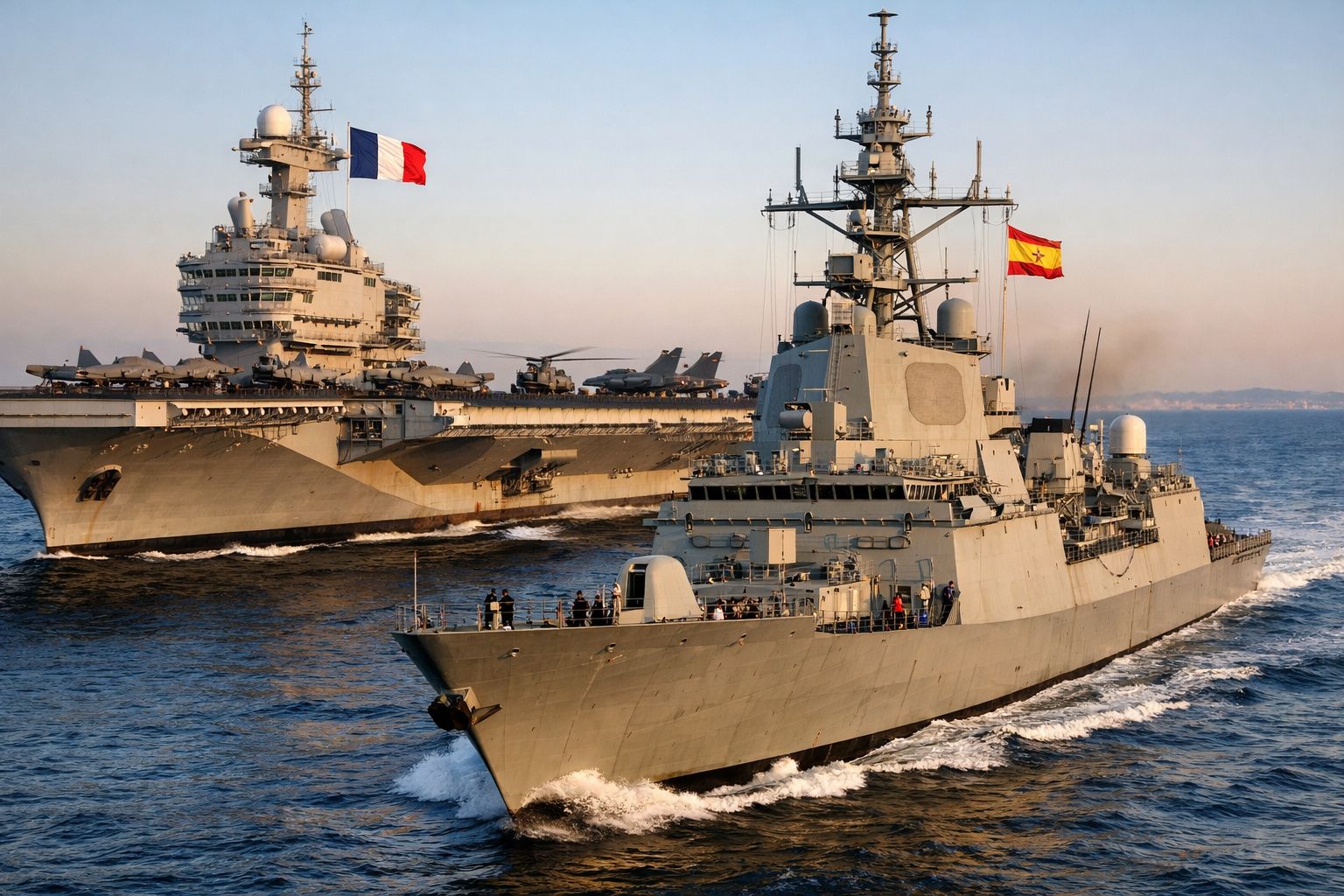 Dois navios militares no mar, um com bandeira de Espanha e outro com bandeira de França ao pôr do sol.