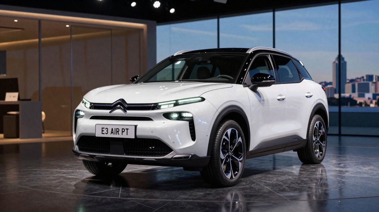 Carro Citroën E3 Air PT branco estacionado em espaço interior moderno com grandes janelas.