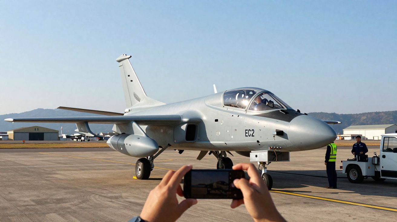 Caça militar cinzento estacionado no aeroporto com pessoas a tirar fotos e a inspecioná-lo.