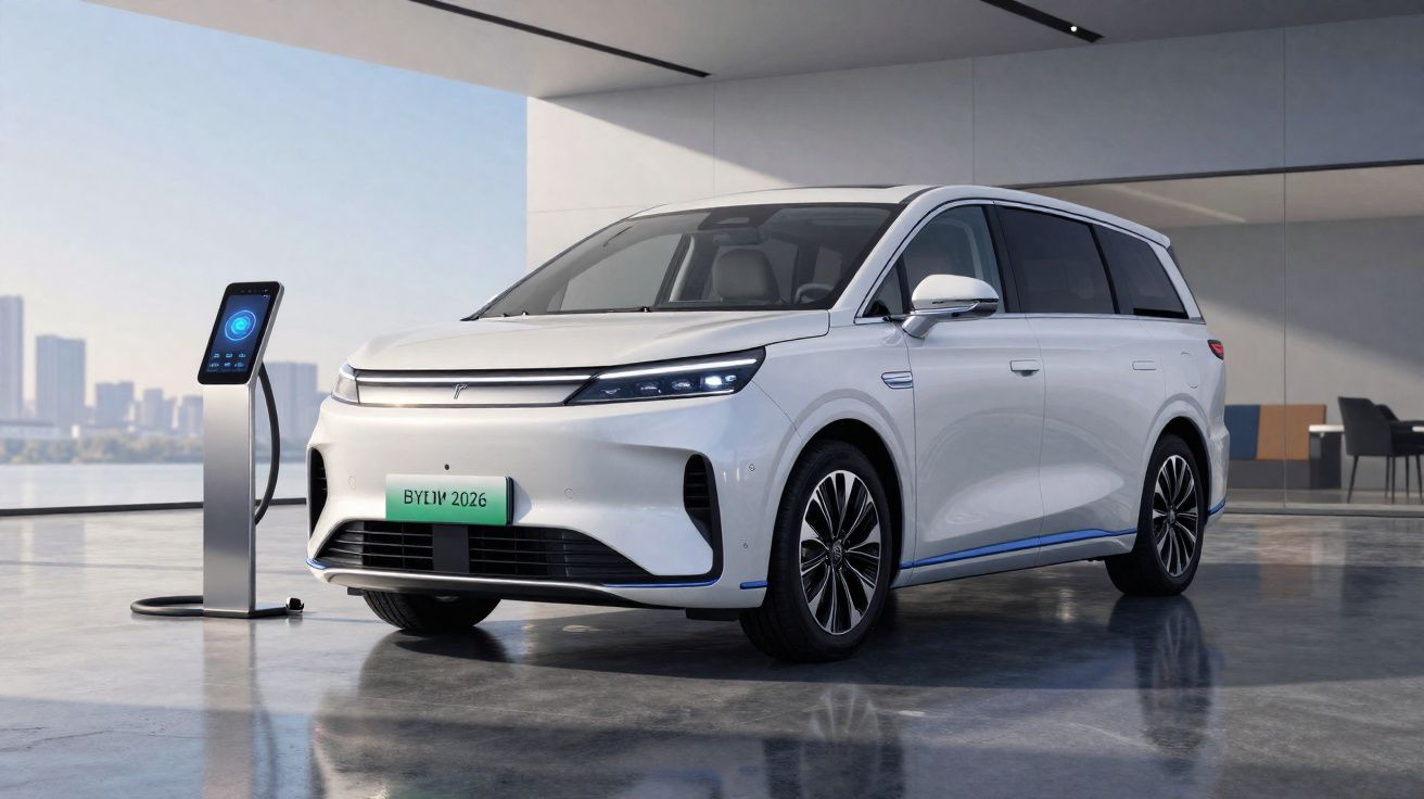 Carro elétrico branco estacionado numa garagem moderna ao lado de um posto de carregamento.