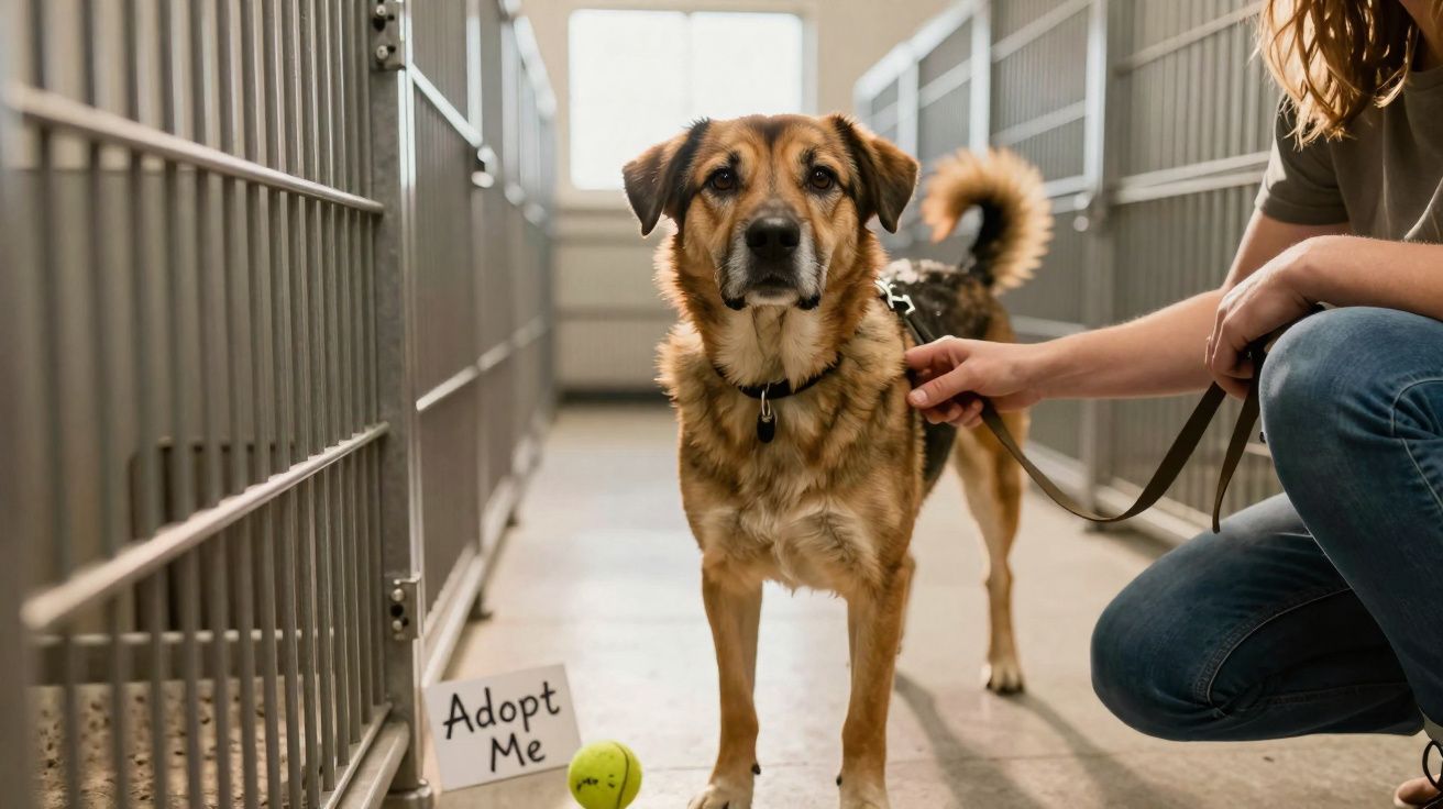 Cão castanho com trela em abrigo, ao lado de placa que diz "Adopt Me" e pessoa a pegar na trela.