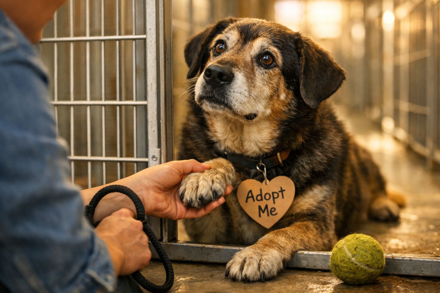 Cão num canil a dar a pata a uma pessoa, com placa de coração "Adopt Me" e uma bola de ténis verde.