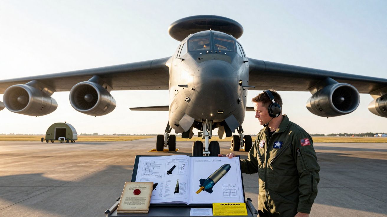 Piloto militar em fato de voo junto a livro técnico com desenho de ogiva diante de avião de combate estacionado.